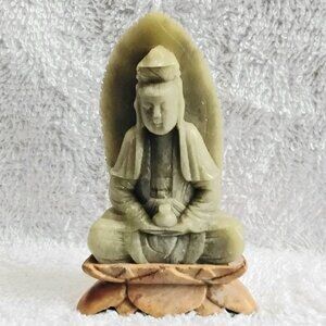 4" Handcrafted Buddhist Priestess On Lotus Flower Jade Statue!!